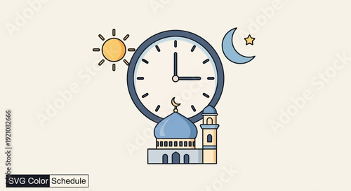 Ramadan Schedule: Clock, Mosque, Sun, Moon, Star - Islamic Time Concept