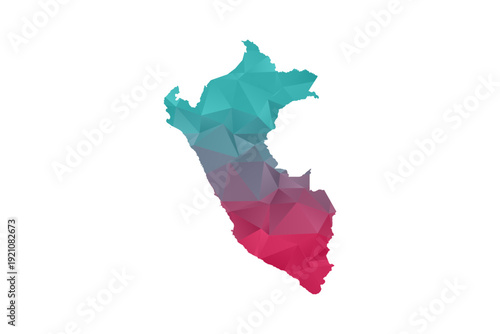 Peru Map - Polygon Style Vector Illustration in Teal and Red Gradient, Low Poly Geometric Design, Isolated on White Background for Infographics and Education.