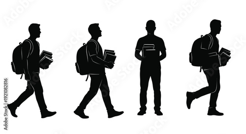 Four silhouettes of students walking with backpacks and books