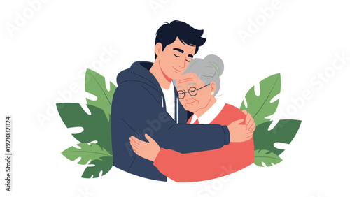 Heartwarming illustration of a young man embracing his grandmother with love and care against a backdrop of green tropical leaves.