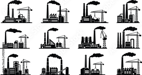 Factory industrial plant silhouettes set, manufacturing industry buildings with chimneys cranes equipment, heavy industry collection, isolated black factory icons, industrial production vector