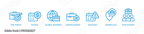 Employment Journey Icons set vector illustration outline blue with Job target, Payday, Global business, Unemployment, Deadline, Workplace, Employment