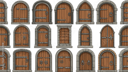 Collection of diverse medieval door designs featuring arched stone frames and heavy wooden panels with iron hardware and knockers.