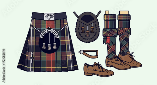 Scottish Kilt Outfit Flat Lay: Kilt, Sporran, Hose, Shoes, and Belt