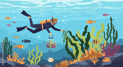 Scuba Diver Collecting Seaweed and Corals in Underwater Ocean Life Scene
