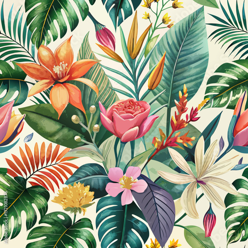 Vibrant tropical floral pattern with exotic birds and colorful foliage