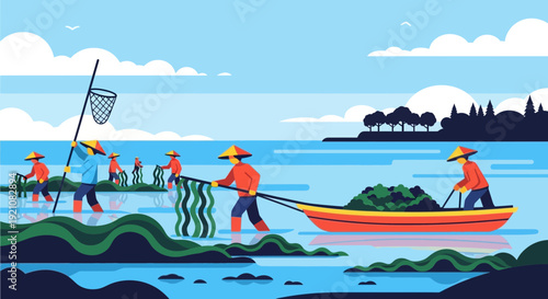 Seafarers harvesting seaweed from the ocean in a traditional fishing boat