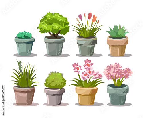 Varied Topiary Bush and Hedge Plant Illustration Set in Stone Pot for Landscape Architecture and Garden Planning