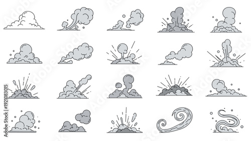 Collection of smoke and explosion icons featuring different shapes of clouds, wind swirls, and impact effects for motion graphics.