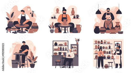 Pottery studio workshop scenes showing artisans working on wheels, shaping clay, and displaying finished ceramic vases on shelves.