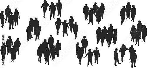 People crowd silhouettes set, walking group of men women and families, urban pedestrian collection, social gathering scenes, isolated black human figures vector