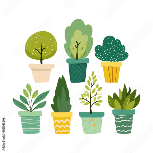 Round Topiary Tree and Tall Grass Plant Illustration Set in Blue Pot for Formal Contemporary Garden Design