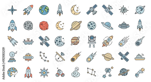 Space Icons Set: Planets, Rockets, Astronaut, Moon, Stars, Satellites