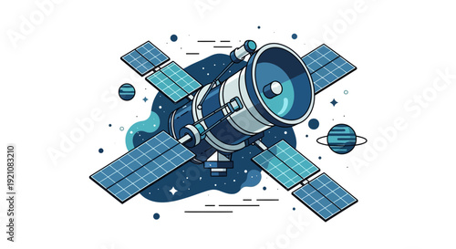 Space Satellite with Solar Panels in Orbit, Cosmic Exploration