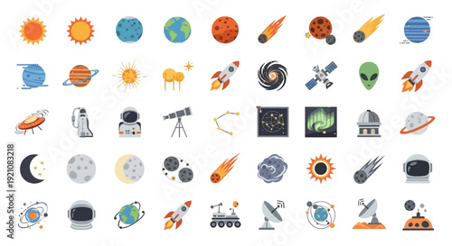 Space Icons Set: Planets, Astronaut, Rocket, Stars, Alien, Satellite
