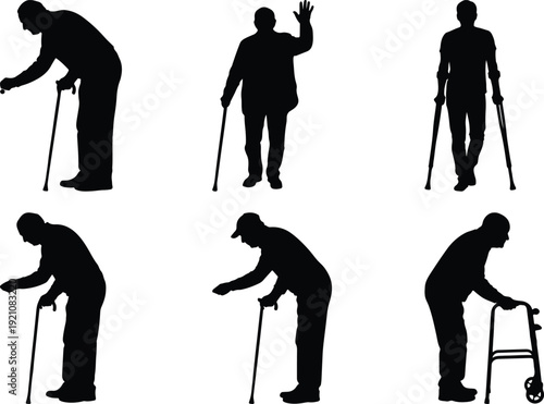 Elderly individuals demonstrating various mobility and support techniques with walking aids
