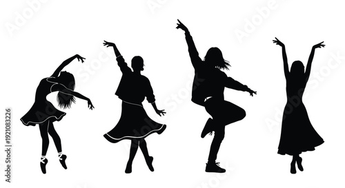 Silhouettes of four women in dynamic dancing poses against a white background