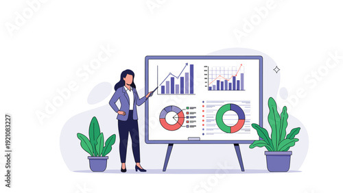 Business presentation featuring a female professional explaining data analytics and growth charts on a large whiteboard in an office.