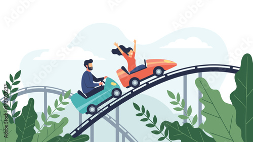 Exciting amusement park scene with a man and a woman riding roller coaster cars along a track surrounded by lush green plants.