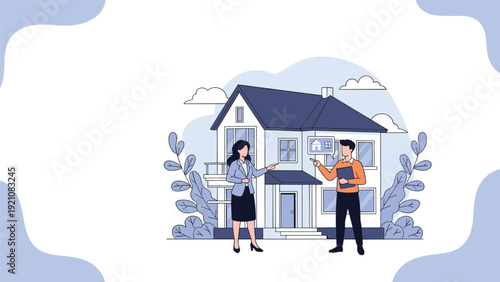 Real estate agent showing a modern house to a potential buyer while discussing property details and investment opportunities.