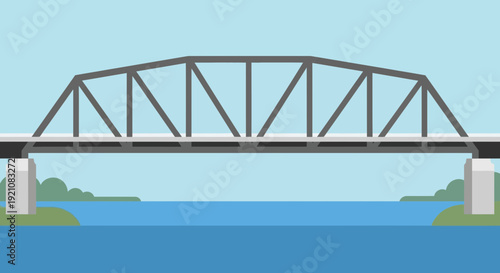Steel Truss Bridge Over Blue River, Flat Design, Simple Landscape Illustration