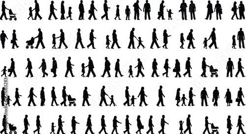 People walking silhouettes set, family parents children with stroller business pedestrians collection, daily life activities, isolated black human figures, urban lifestyle vector
