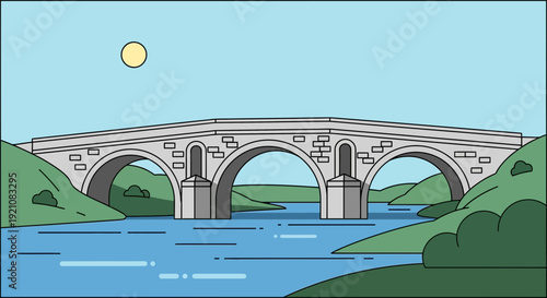 Stone Arch Bridge Over Blue River, Sunny Day, Green Hills Landscape