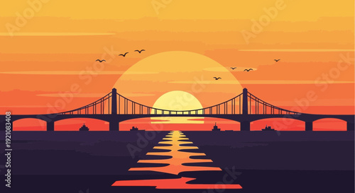 Sunset over bridge, reflection on water, birds flying, vibrant orange sky