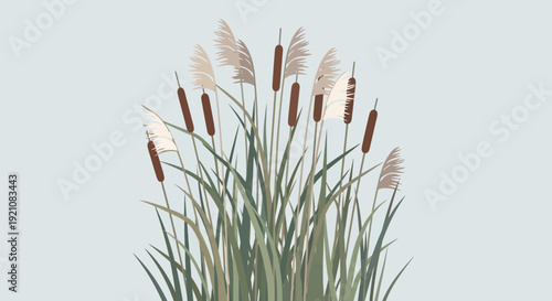 Tall Cattails and Reeds with Fluffy Tops on Blue Background