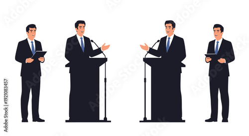 A businessman giving a speech or presentation in four different poses