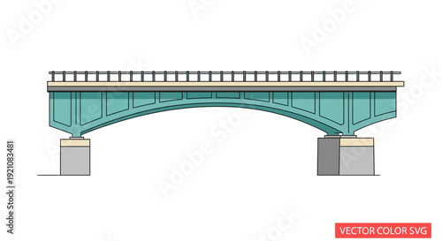 Teal Arch Bridge with Concrete Piers and Railings, Side View, Vector Illustration