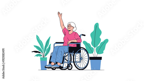 Empowerment and vitality concept showing a senior woman in a wheelchair raising her hand in a gesture of success or greeting.