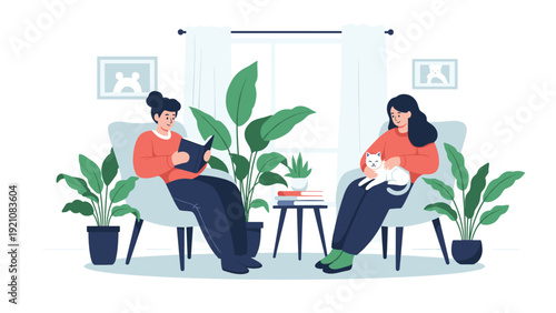 Cozy domestic scene of two women relaxing in an armchair filled living room while reading a book and petting a white cat.