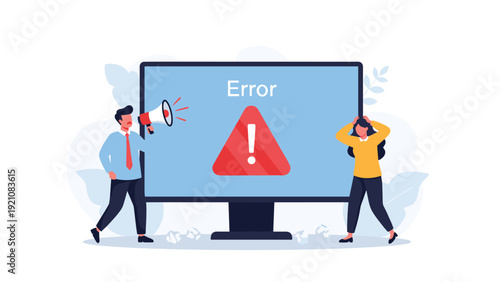 IT support and technology failure concept showing frustrated office workers reacting to a large red error warning on a computer monitor.
