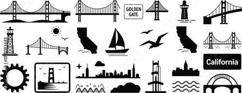 California Landmarks Icon Set featuring Golden Gate Bridge Silhouettes San Francisco City Skyline Lighthouse Sailing Boat and West Coast Travel Symbols