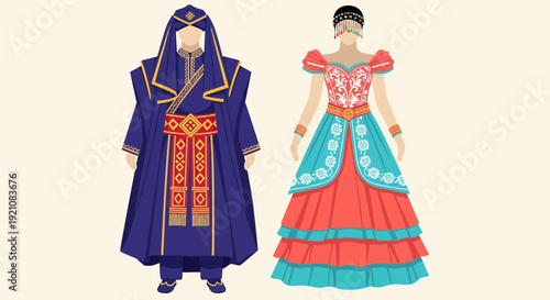 Traditional Ethnic Costumes: Man and Woman in Colorful Attire