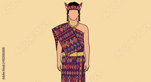 Traditional Indonesian Costume: Woman in Ikat Fabric and Tribal Headwear, Cultural Attire