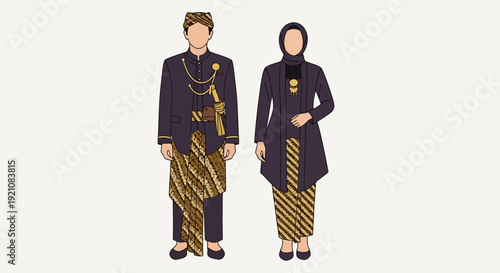 Traditional Indonesian Couple Attire: Javanese Wedding Outfit Illustration