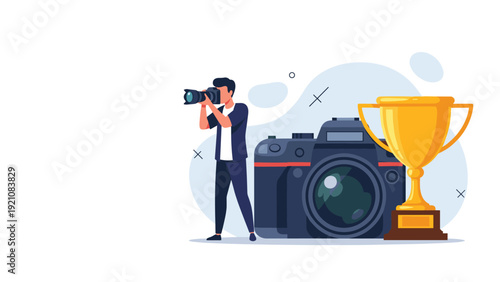 Photography achievement concept showing a photographer standing beside a massive dslr camera and a large golden award trophy.
