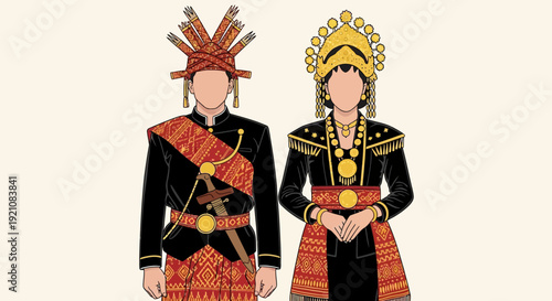 Traditional Indonesian Couple in Ethnic Attire, Cultural Heritage Illustration
