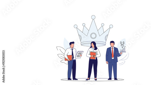 Business leadership and success concept showing top professionals standing together under a symbolic royal crown outline.