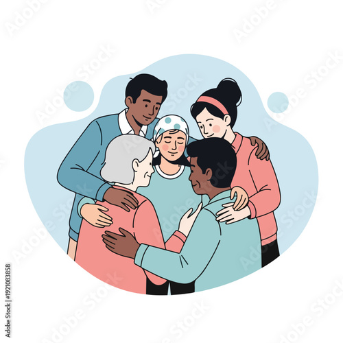 Diverse group of people giving a hug showing support and care