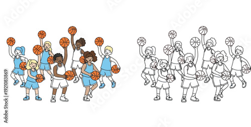 Diverse Group of Kids Playing Basketball: Cartoon Team & Coloring Page for Sports & Teamwork
