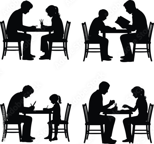 Silhouette Set of Adult and Child Studying Together at Table Reading Books and Writing for Education Tutoring and Mentorship Concept