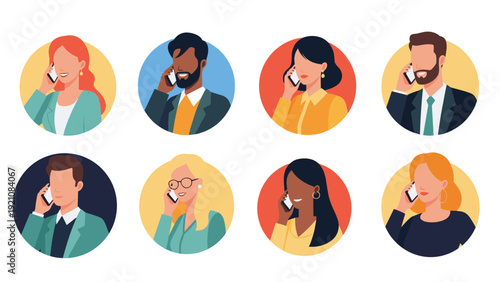 Collection of diverse people talking on mobile phones shown in circular portraits representing global communication and connectivity.