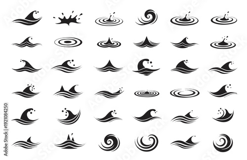 Collection of black and white water wave and ripple icons