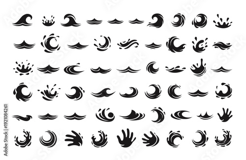 Collection of black swirling wave and splash graphics