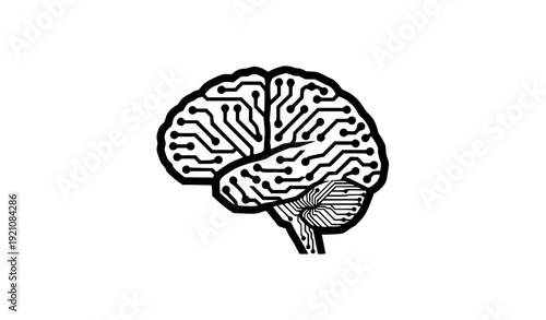 Artificial Intelligence Brain Circuit Logo Black and White Vector Illustration Isolated on White Background