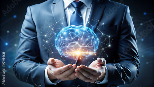 Executive in a Navy Suit Presenting a Glowing Human Brain with Complex Network Connections, Symbolizing AI, Innovation, and Digital Progress in Business.