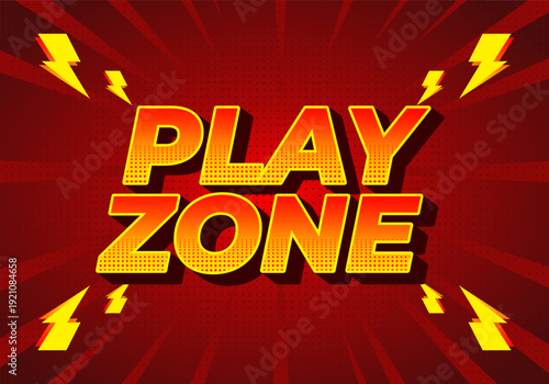 Bold comic style play zone text in yellow and red on a dynamic red halftone background with lightning bolts